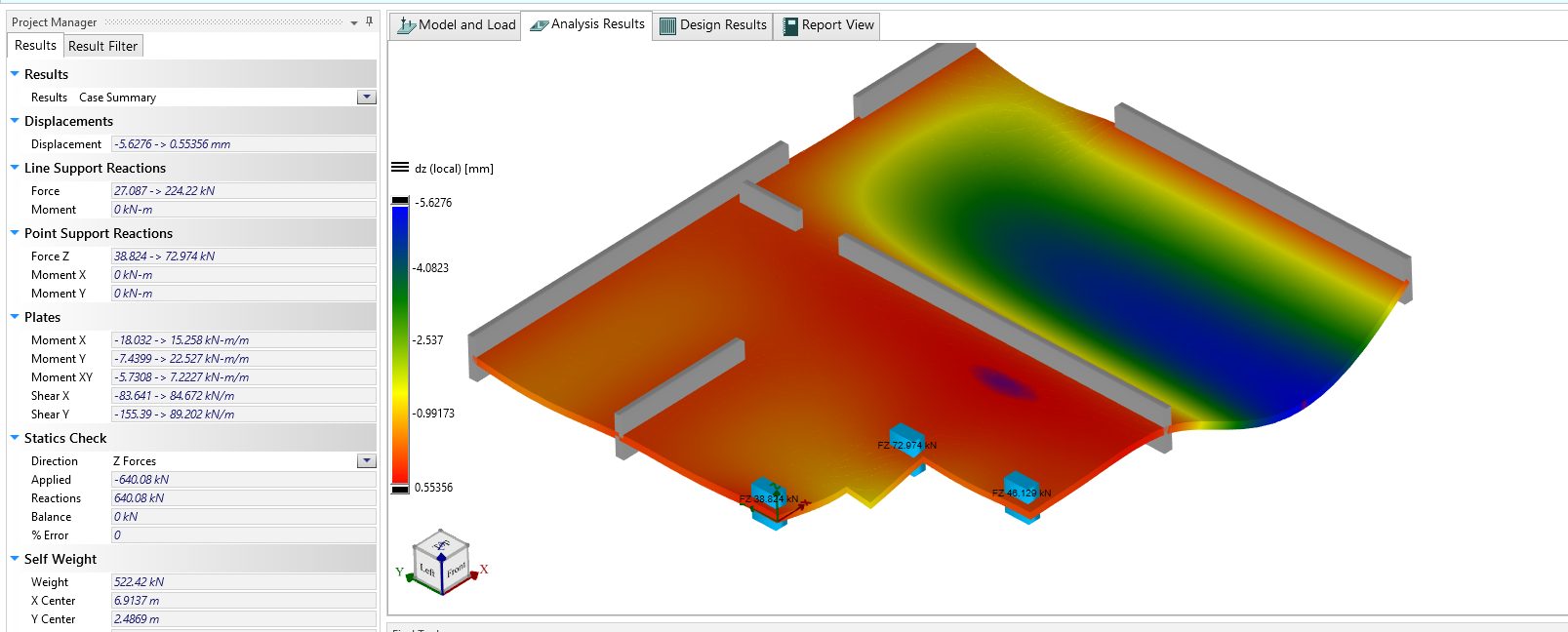 Finite element model of the slab framing into the column, with a colour contour of the results