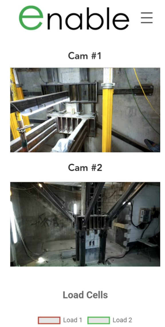 Mobile view of the public dashboard showing two live site cameras and a load cell chart